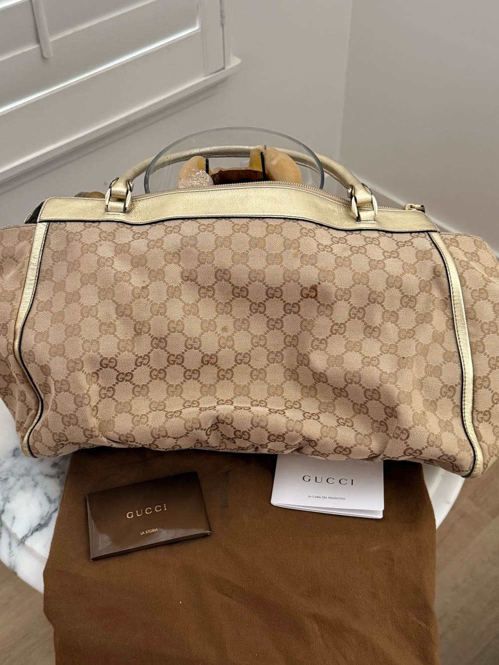 Gucci D-Ring Tote in GG Canvas with Gold Metallic Leather Trim - Picture 4 of 10